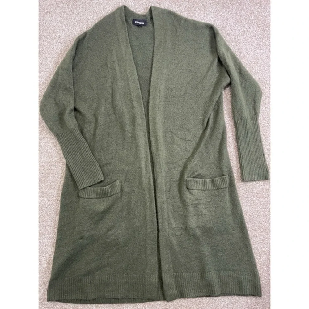 Express Womens Open Front Green Cardigan Relaxed Fit Pockets Size M - Picture 7 of 7